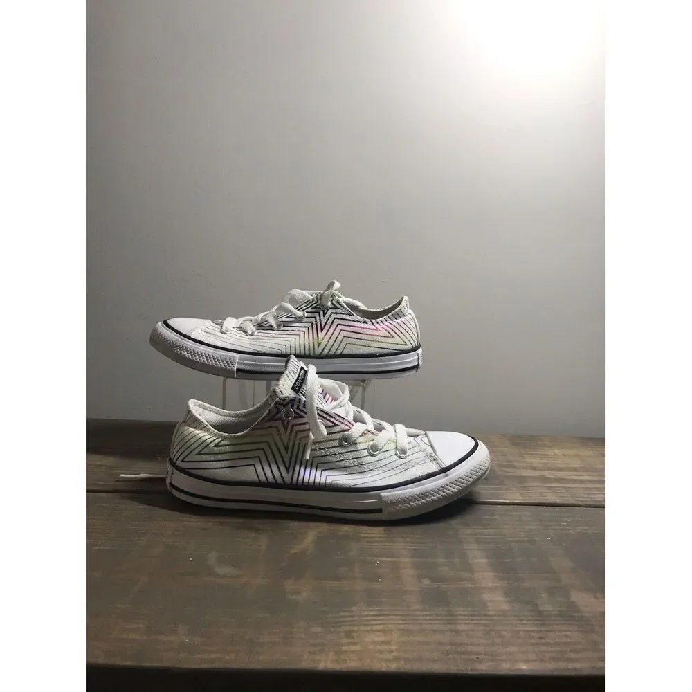 Converse Shoes Youth 3 Rainbow Star Sneakers White Canvas Low Top Casual 665398F